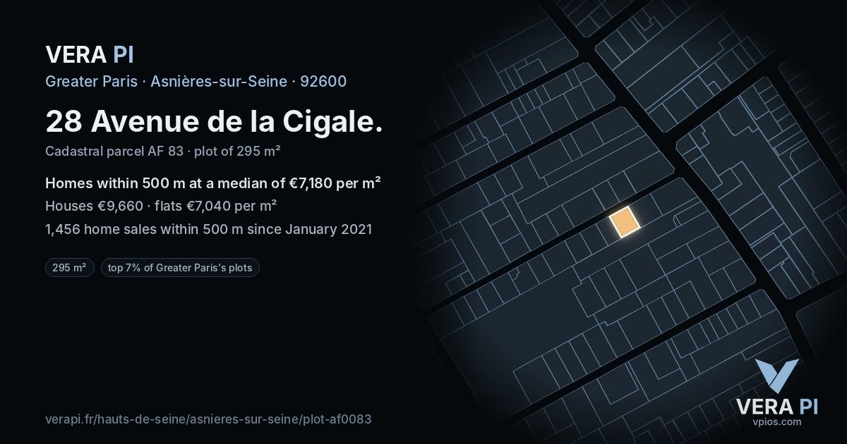 28 Avenue de la Cigale, Asnières-sur-Seine at night – the plot lit, the parcels around coloured by the prices near them