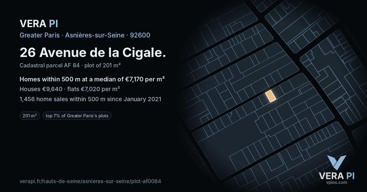 26 Avenue de la Cigale, Asnières-sur-Seine at night – the plot lit, the parcels around coloured by the prices near them
