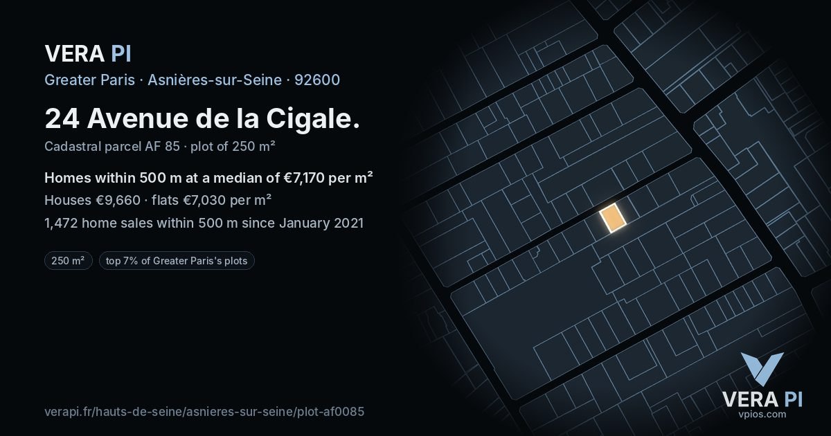 24 Avenue de la Cigale, Asnières-sur-Seine at night – the plot lit, the parcels around coloured by the prices near them