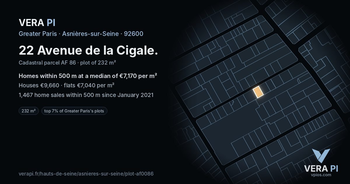 22 Avenue de la Cigale, Asnières-sur-Seine at night – the plot lit, the parcels around coloured by the prices near them