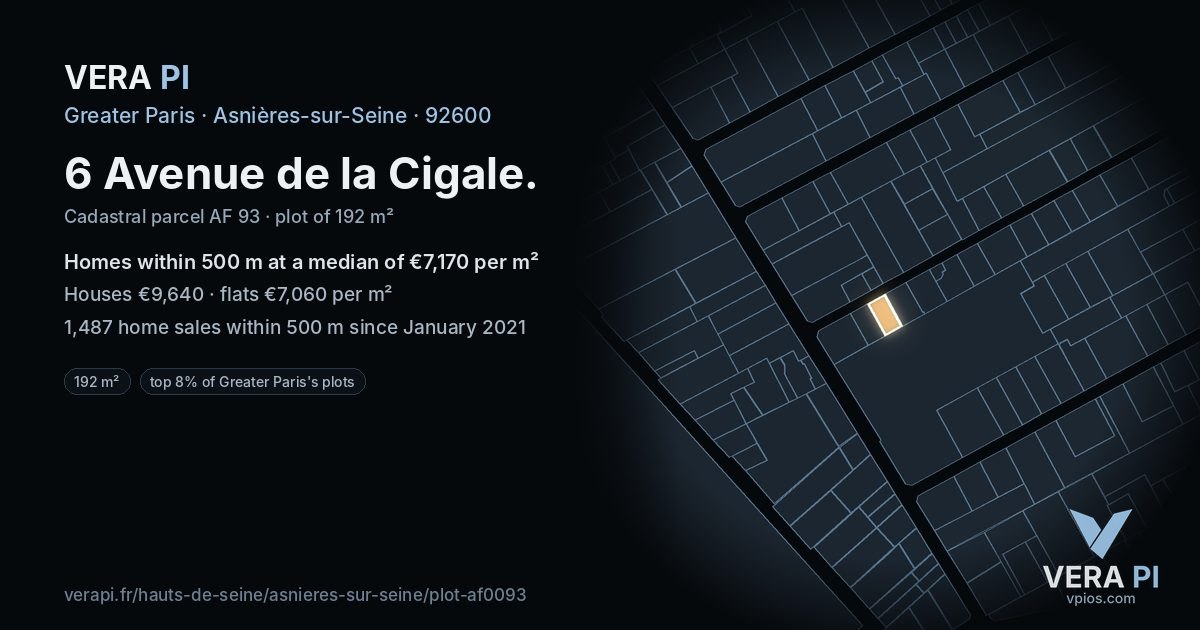 6 Avenue de la Cigale, Asnières-sur-Seine at night – the plot lit, the parcels around coloured by the prices near them