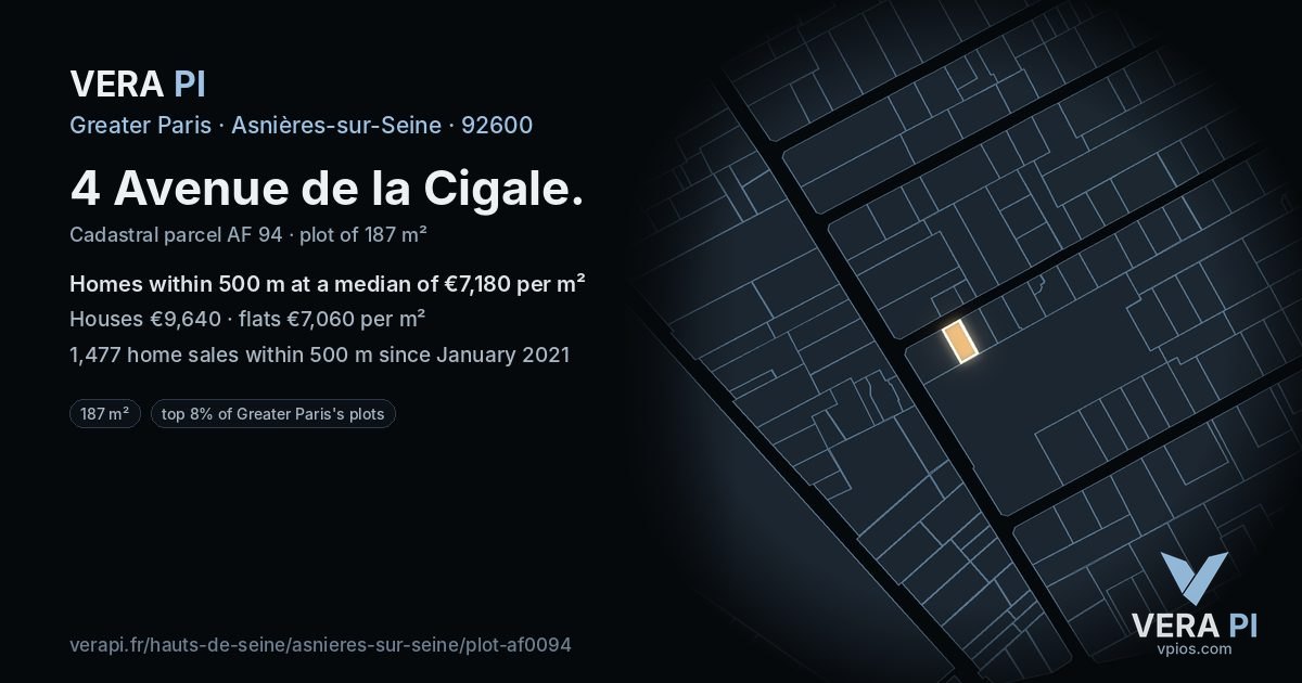 4 Avenue de la Cigale, Asnières-sur-Seine at night – the plot lit, the parcels around coloured by the prices near them