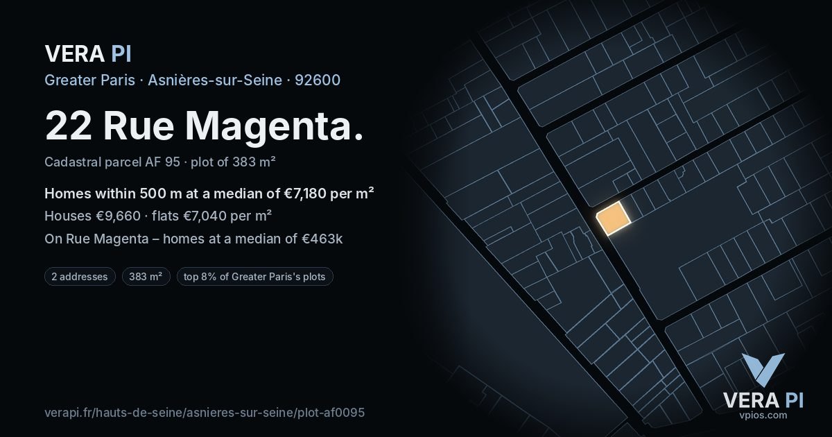 22 Rue Magenta, Asnières-sur-Seine at night – the plot lit, the parcels around coloured by the prices near them