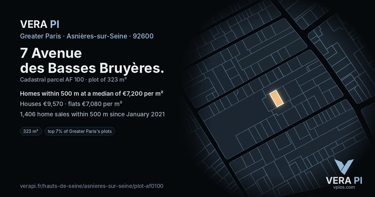 7 Avenue des Basses Bruyères, Asnières-sur-Seine at night – the plot lit, the parcels around coloured by the prices near them