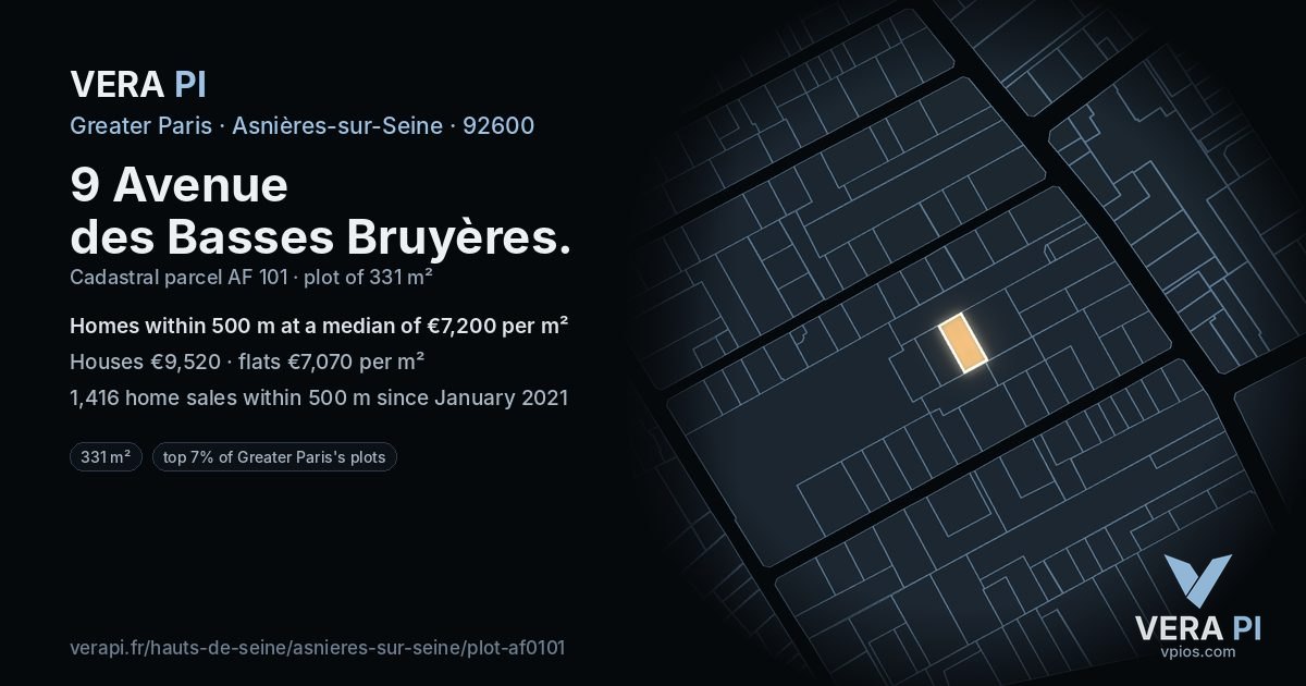 9 Avenue des Basses Bruyères, Asnières-sur-Seine at night – the plot lit, the parcels around coloured by the prices near them