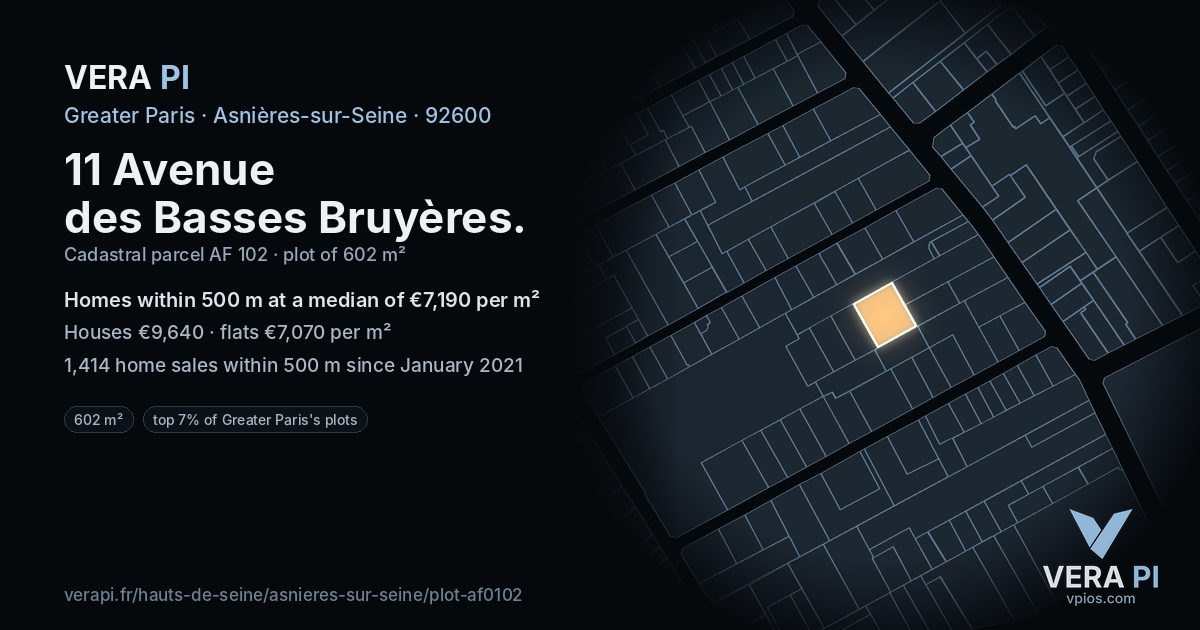 11 Avenue des Basses Bruyères, Asnières-sur-Seine at night – the plot lit, the parcels around coloured by the prices near them