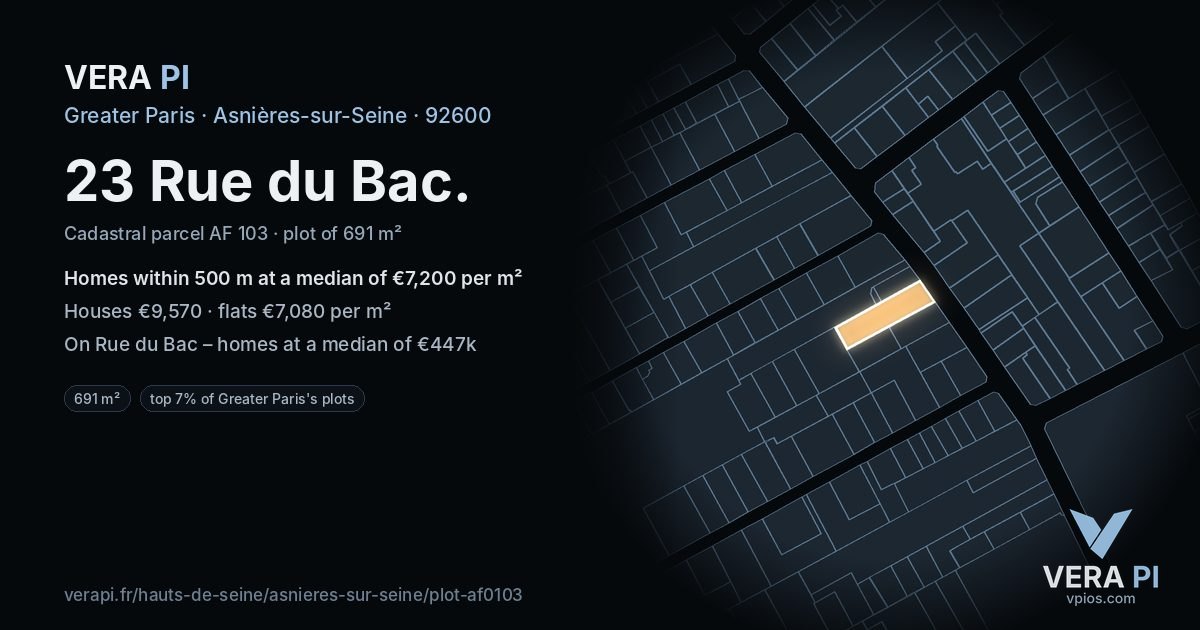 23 Rue du Bac, Asnières-sur-Seine at night – the plot lit, the parcels around coloured by the prices near them