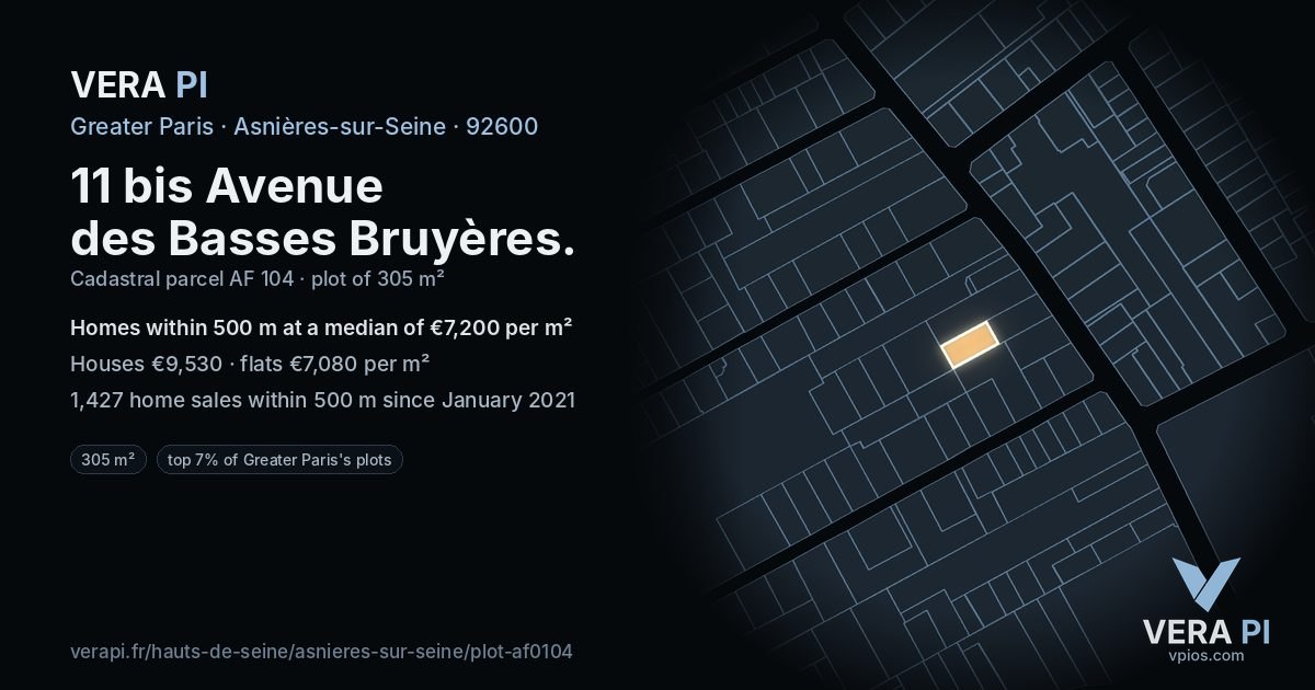 11 bis Avenue des Basses Bruyères, Asnières-sur-Seine at night – the plot lit, the parcels around coloured by the prices near them
