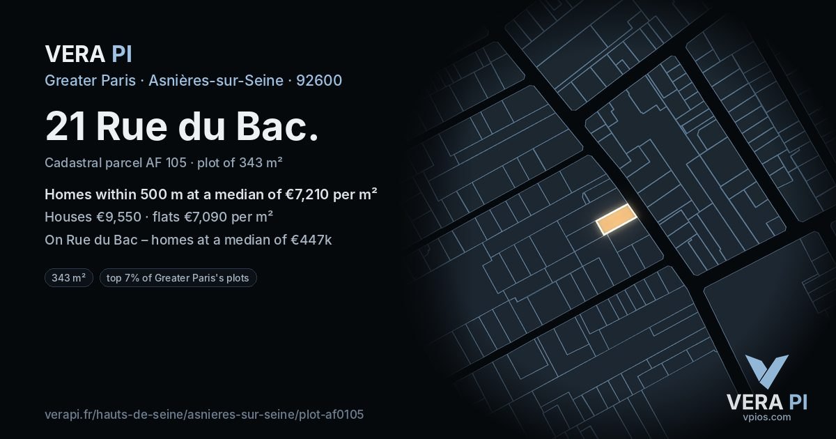 21 Rue du Bac, Asnières-sur-Seine at night – the plot lit, the parcels around coloured by the prices near them