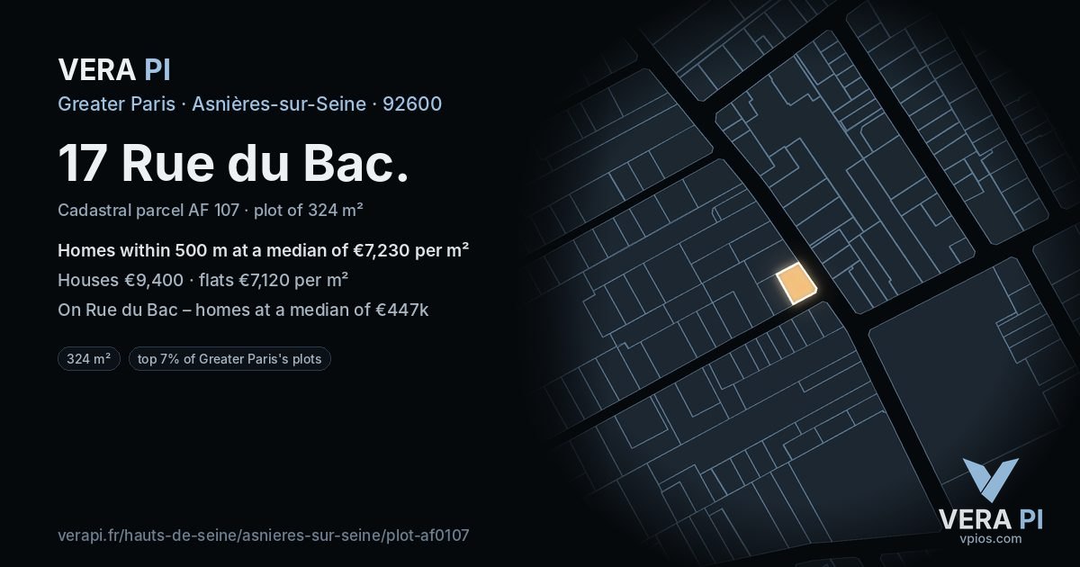 17 Rue du Bac, Asnières-sur-Seine at night – the plot lit, the parcels around coloured by the prices near them