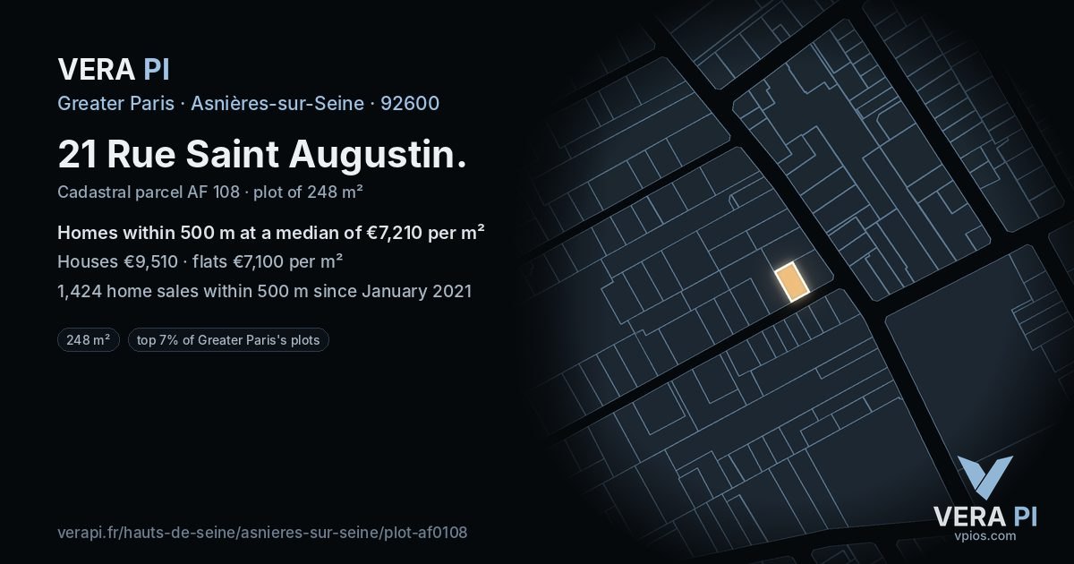 21 Rue Saint Augustin, Asnières-sur-Seine at night – the plot lit, the parcels around coloured by the prices near them