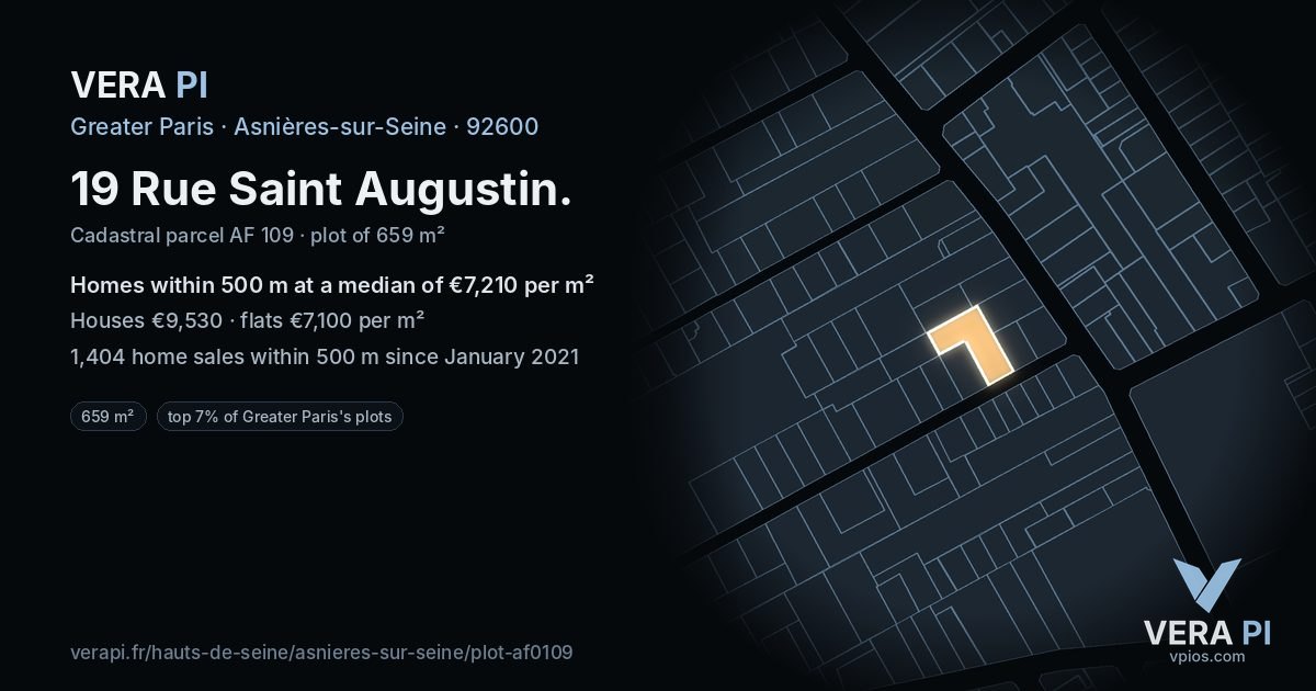19 Rue Saint Augustin, Asnières-sur-Seine at night – the plot lit, the parcels around coloured by the prices near them