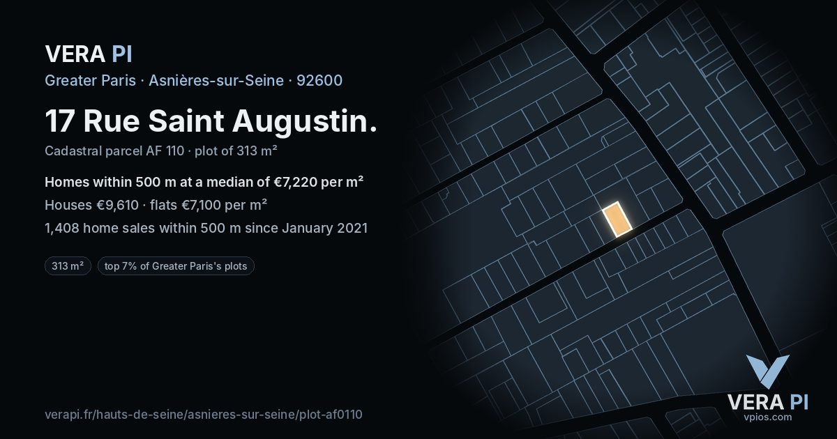 17 Rue Saint Augustin, Asnières-sur-Seine at night – the plot lit, the parcels around coloured by the prices near them