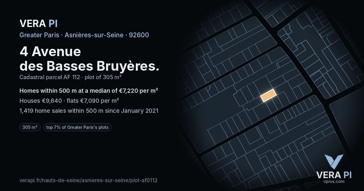 4 Avenue des Basses Bruyères, Asnières-sur-Seine at night – the plot lit, the parcels around coloured by the prices near them