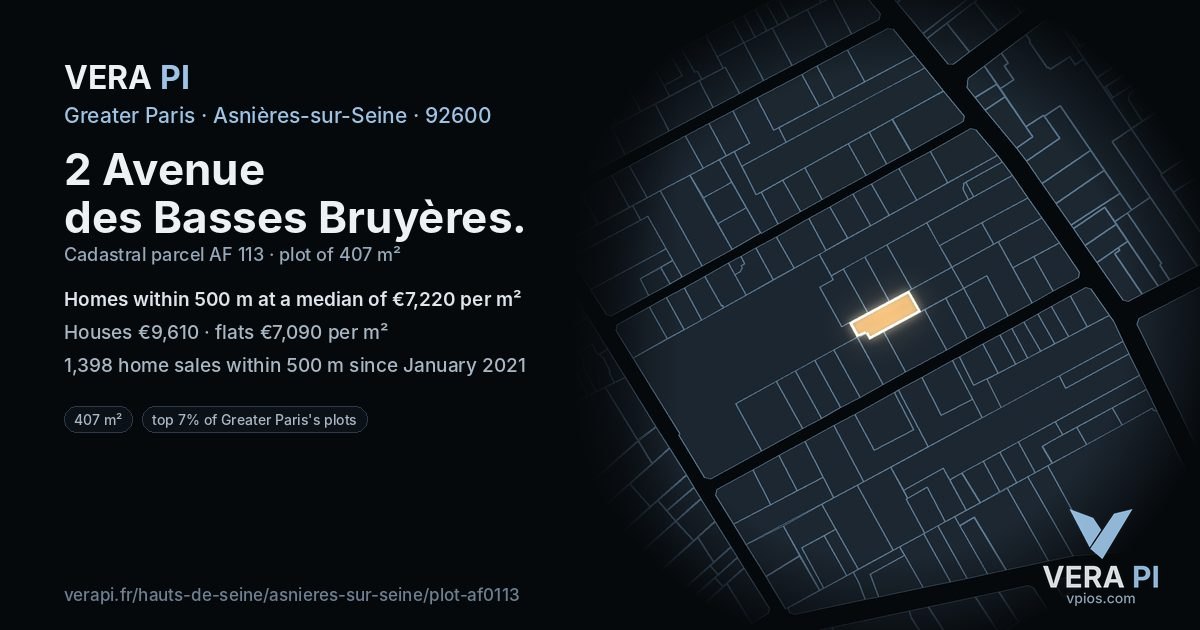 2 Avenue des Basses Bruyères, Asnières-sur-Seine at night – the plot lit, the parcels around coloured by the prices near them