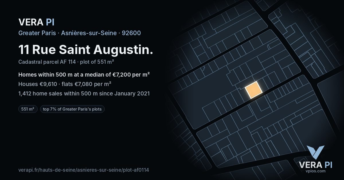 11 Rue Saint Augustin, Asnières-sur-Seine at night – the plot lit, the parcels around coloured by the prices near them