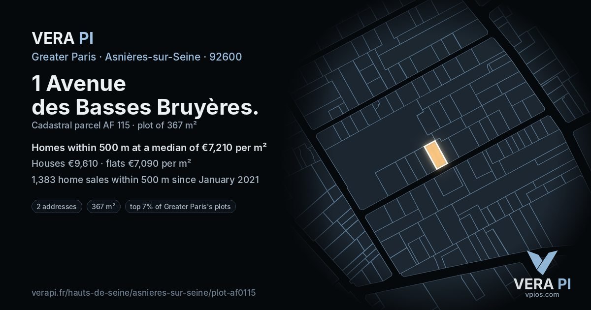 1 Avenue des Basses Bruyères, Asnières-sur-Seine at night – the plot lit, the parcels around coloured by the prices near them