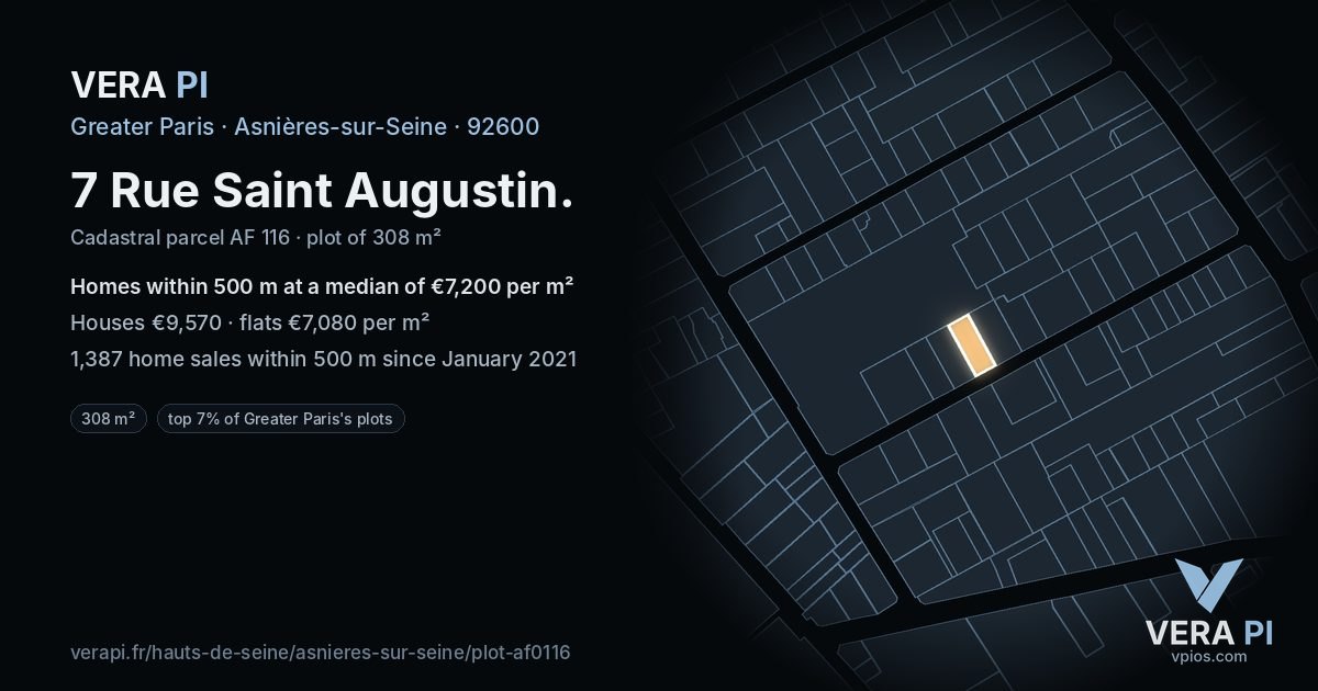 7 Rue Saint Augustin, Asnières-sur-Seine at night – the plot lit, the parcels around coloured by the prices near them