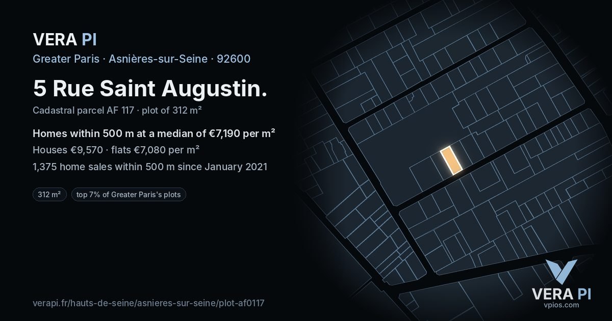 5 Rue Saint Augustin, Asnières-sur-Seine at night – the plot lit, the parcels around coloured by the prices near them