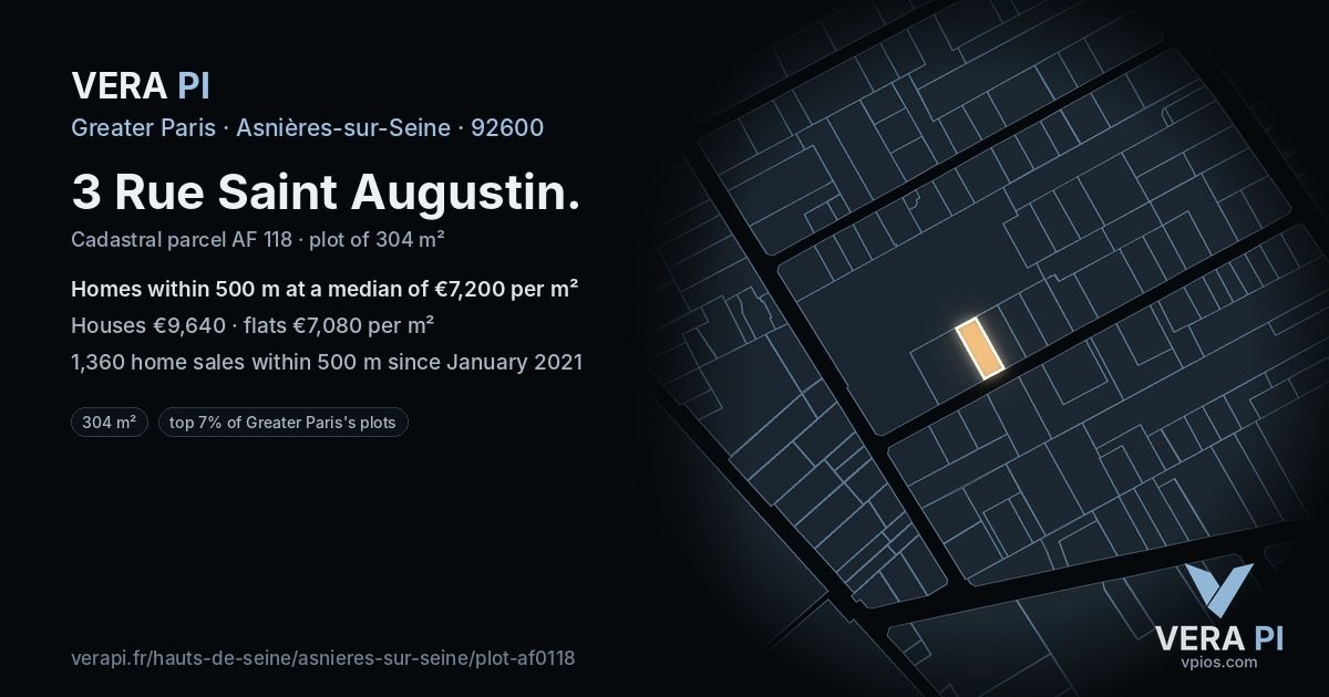 3 Rue Saint Augustin, Asnières-sur-Seine at night – the plot lit, the parcels around coloured by the prices near them