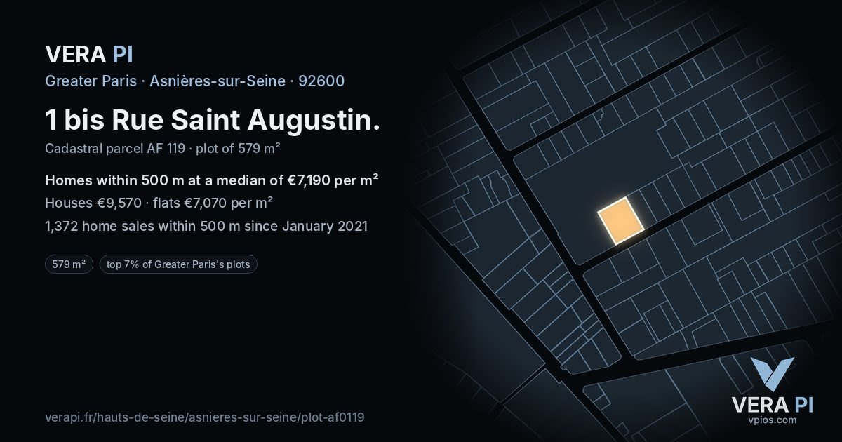 1 bis Rue Saint Augustin, Asnières-sur-Seine at night – the plot lit, the parcels around coloured by the prices near them