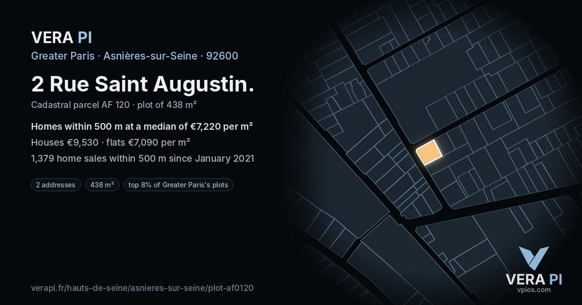 2 Rue Saint Augustin, Asnières-sur-Seine at night – the plot lit, the parcels around coloured by the prices near them
