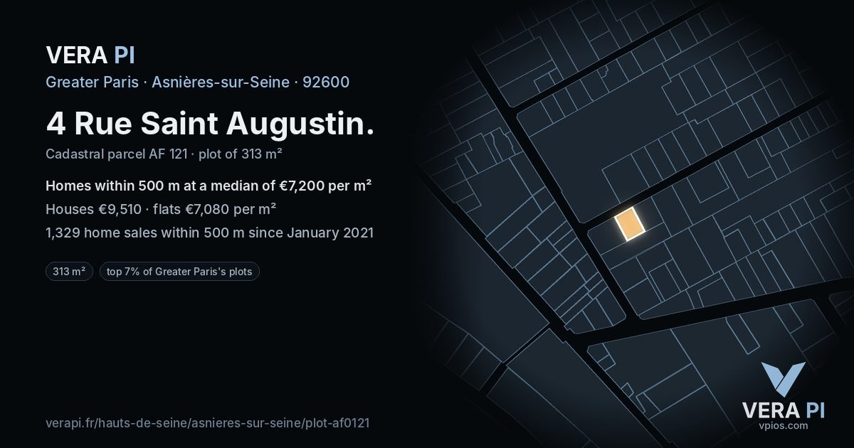 4 Rue Saint Augustin, Asnières-sur-Seine at night – the plot lit, the parcels around coloured by the prices near them