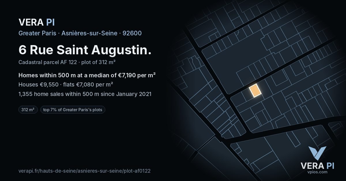 6 Rue Saint Augustin, Asnières-sur-Seine at night – the plot lit, the parcels around coloured by the prices near them