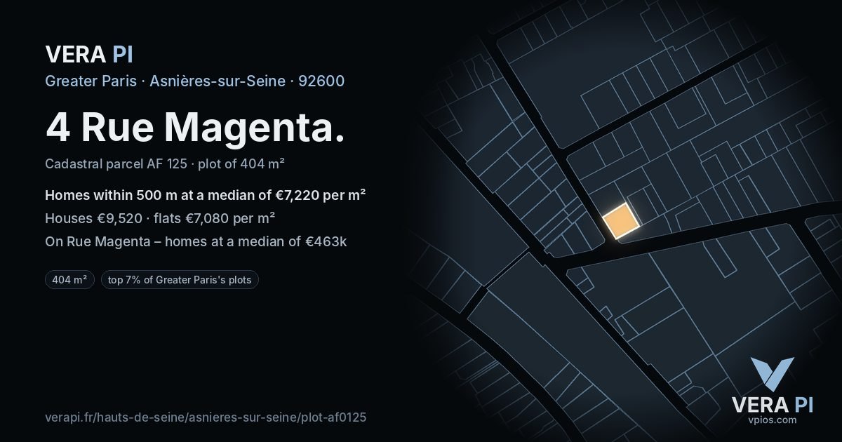 4 Rue Magenta, Asnières-sur-Seine at night – the plot lit, the parcels around coloured by the prices near them
