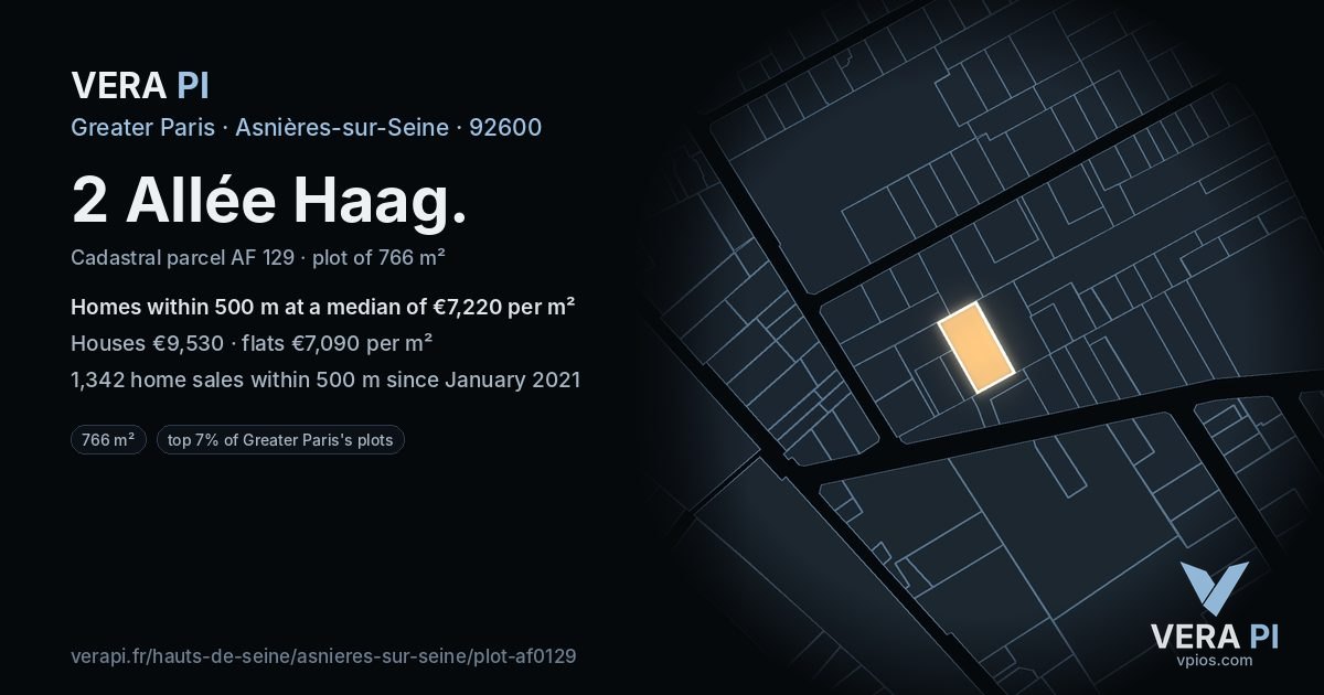 2 Allée Haag, Asnières-sur-Seine at night – the plot lit, the parcels around coloured by the prices near them