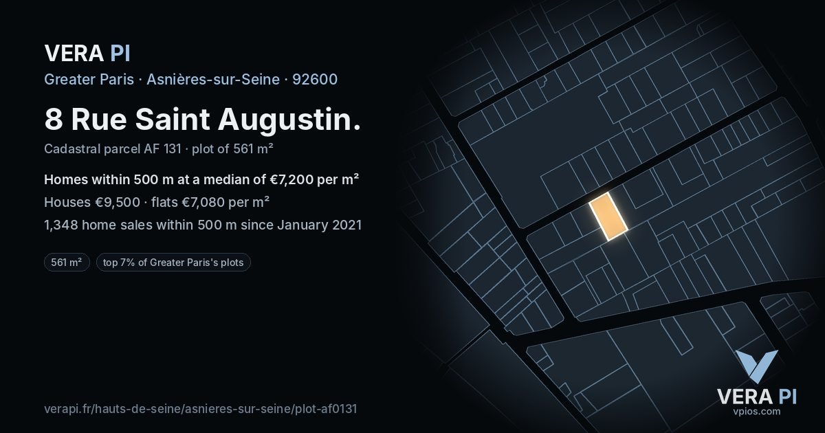 8 Rue Saint Augustin, Asnières-sur-Seine at night – the plot lit, the parcels around coloured by the prices near them