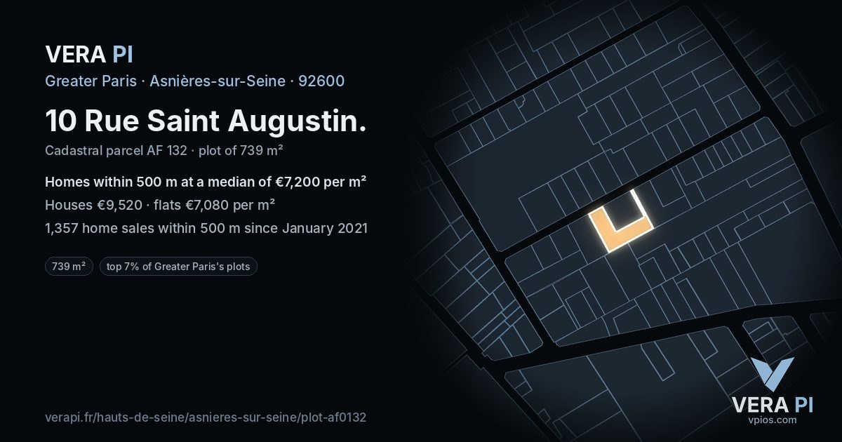 10 Rue Saint Augustin, Asnières-sur-Seine at night – the plot lit, the parcels around coloured by the prices near them