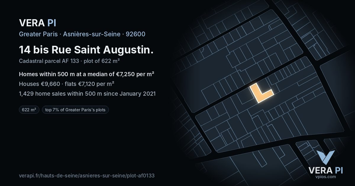 14 bis Rue Saint Augustin, Asnières-sur-Seine at night – the plot lit, the parcels around coloured by the prices near them