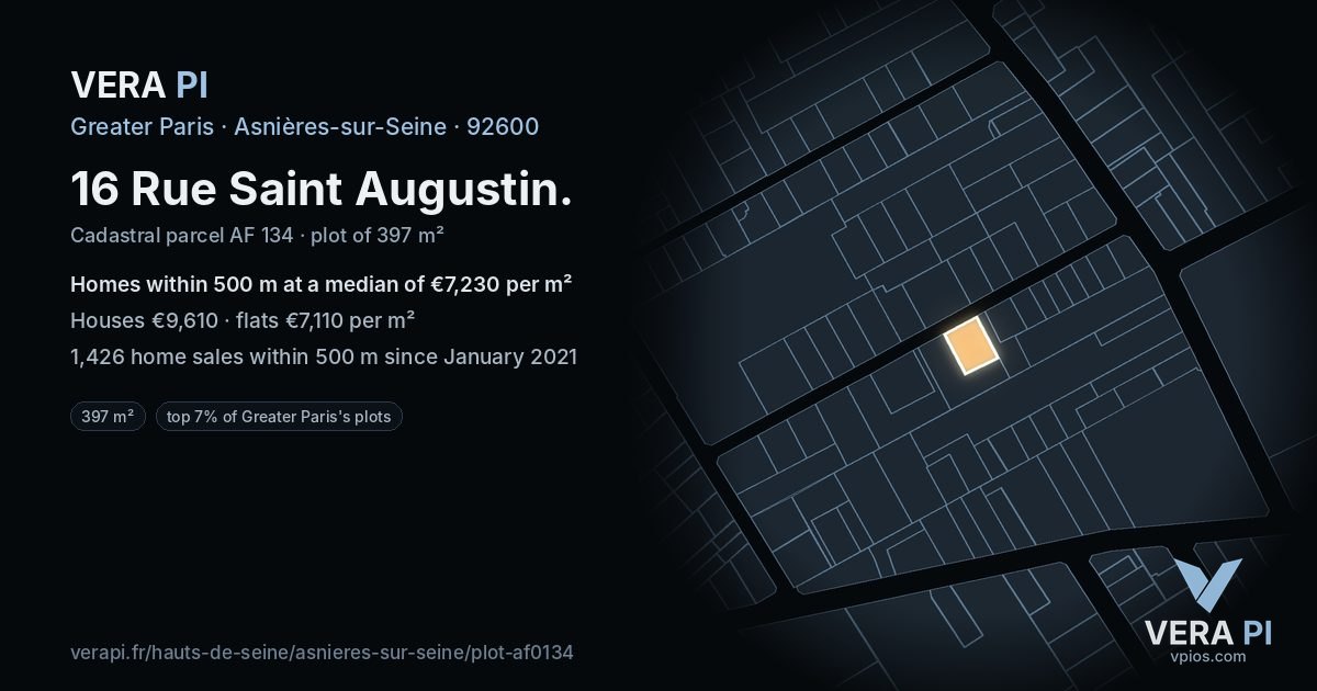 16 Rue Saint Augustin, Asnières-sur-Seine at night – the plot lit, the parcels around coloured by the prices near them