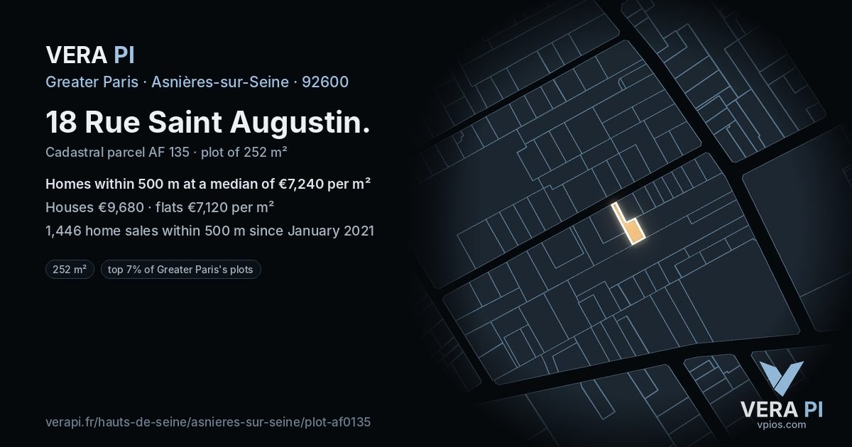 18 Rue Saint Augustin, Asnières-sur-Seine at night – the plot lit, the parcels around coloured by the prices near them