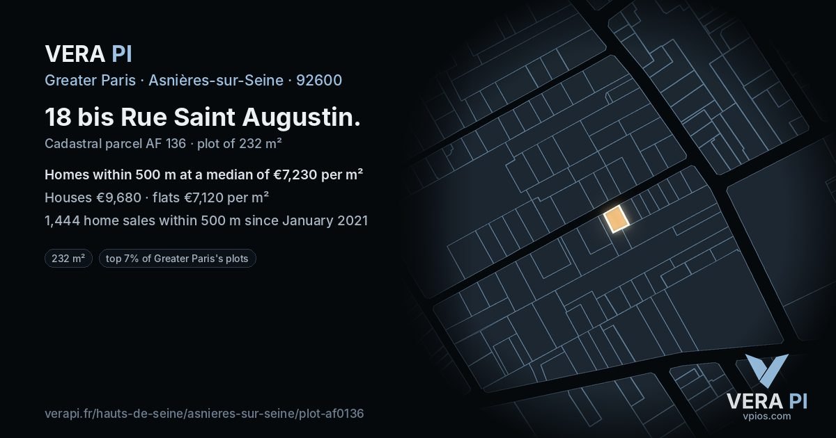 18 bis Rue Saint Augustin, Asnières-sur-Seine at night – the plot lit, the parcels around coloured by the prices near them