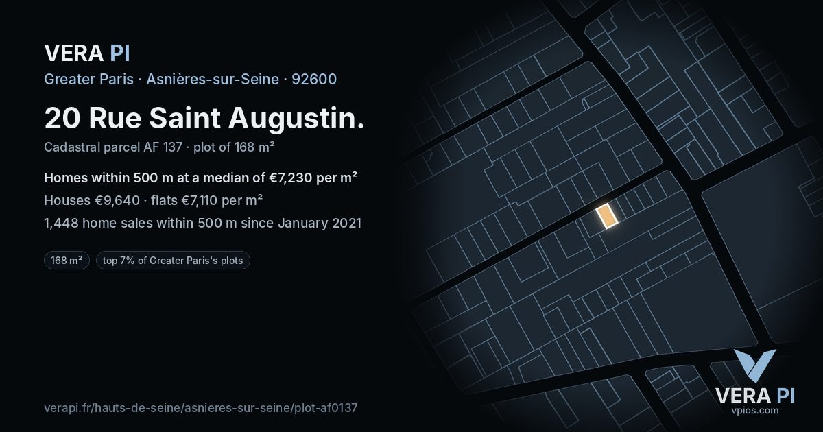 20 Rue Saint Augustin, Asnières-sur-Seine at night – the plot lit, the parcels around coloured by the prices near them