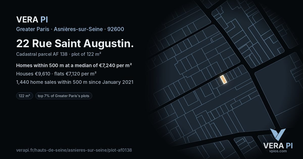 22 Rue Saint Augustin, Asnières-sur-Seine at night – the plot lit, the parcels around coloured by the prices near them