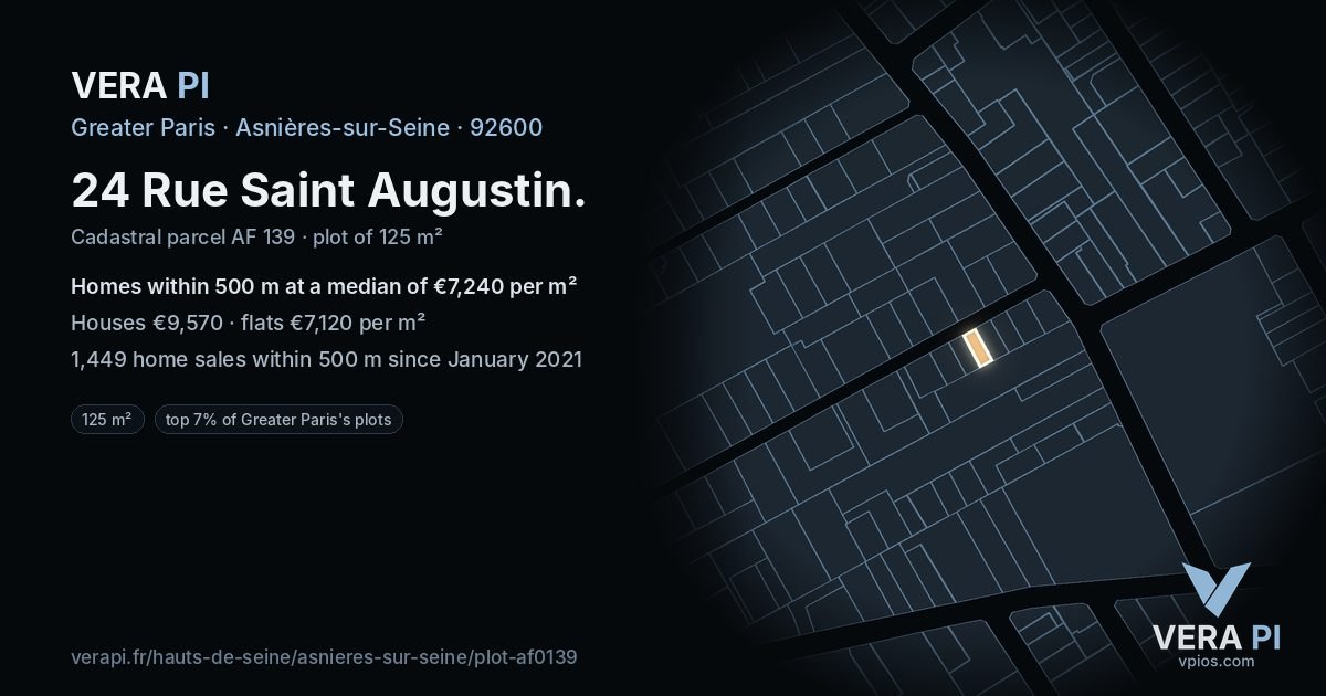 24 Rue Saint Augustin, Asnières-sur-Seine at night – the plot lit, the parcels around coloured by the prices near them
