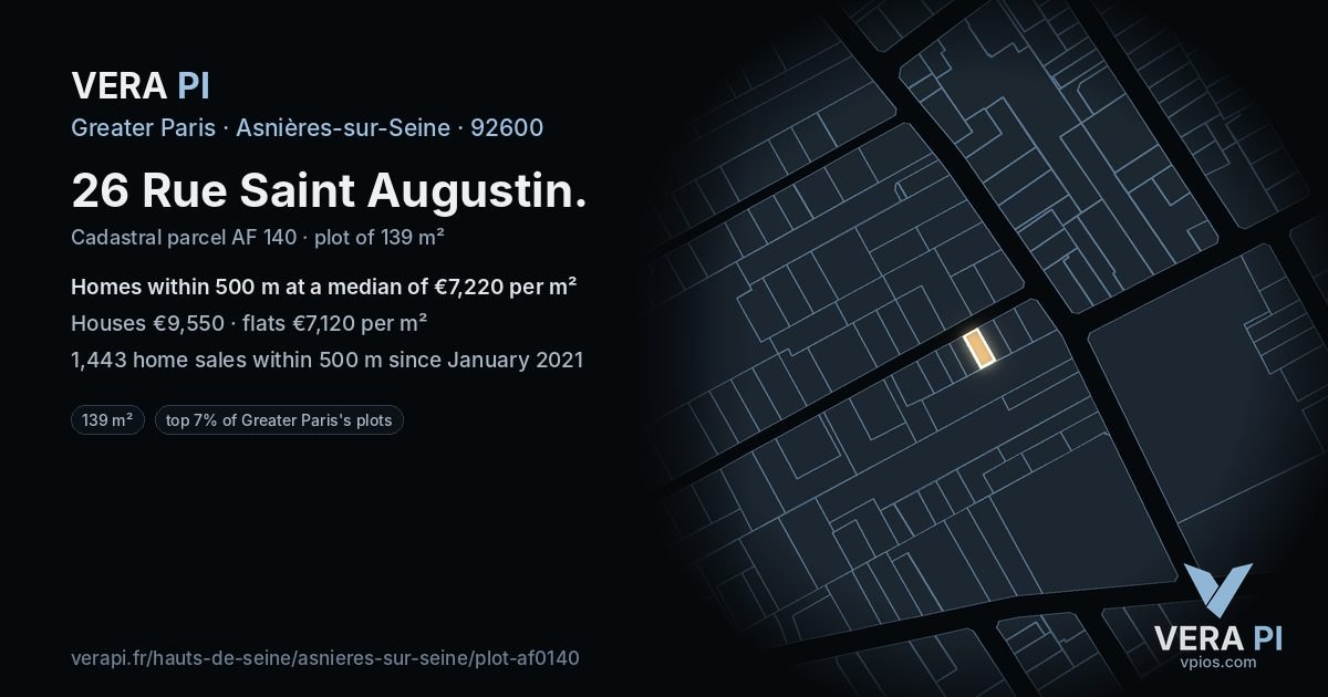 26 Rue Saint Augustin, Asnières-sur-Seine at night – the plot lit, the parcels around coloured by the prices near them