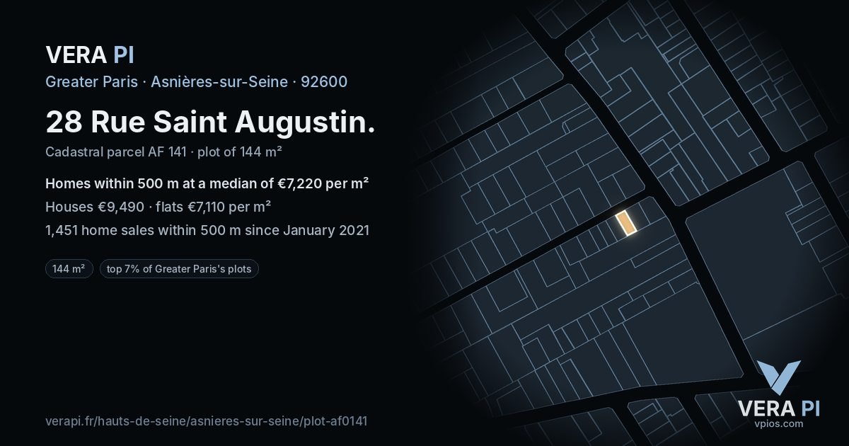 28 Rue Saint Augustin, Asnières-sur-Seine at night – the plot lit, the parcels around coloured by the prices near them