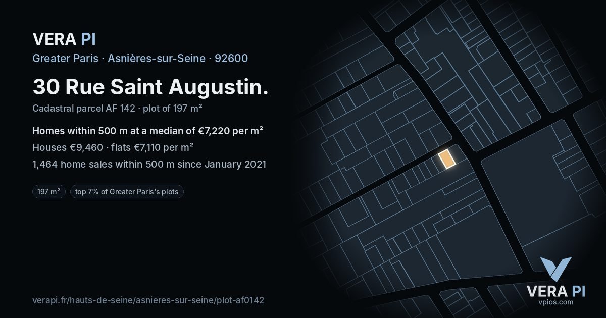 30 Rue Saint Augustin, Asnières-sur-Seine at night – the plot lit, the parcels around coloured by the prices near them
