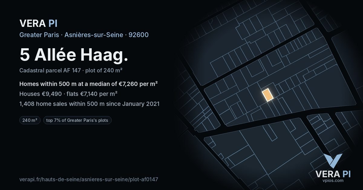 5 Allée Haag, Asnières-sur-Seine at night – the plot lit, the parcels around coloured by the prices near them