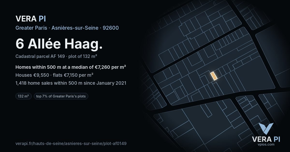 6 Allée Haag, Asnières-sur-Seine at night – the plot lit, the parcels around coloured by the prices near them