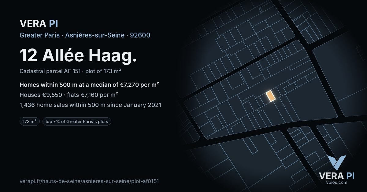 12 Allée Haag, Asnières-sur-Seine at night – the plot lit, the parcels around coloured by the prices near them