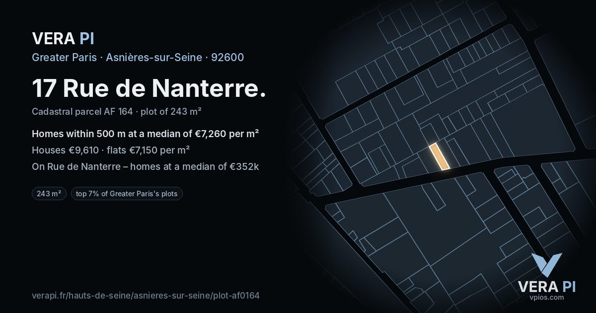 17 Rue de Nanterre, Asnières-sur-Seine at night – the plot lit, the parcels around coloured by the prices near them