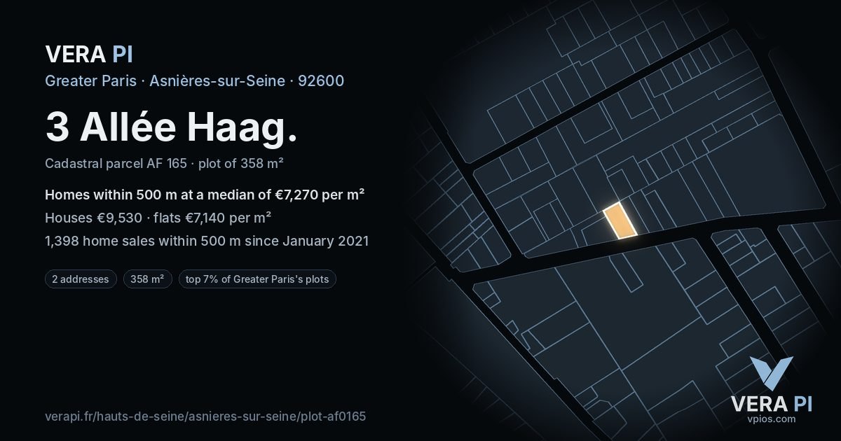 3 Allée Haag, Asnières-sur-Seine at night – the plot lit, the parcels around coloured by the prices near them