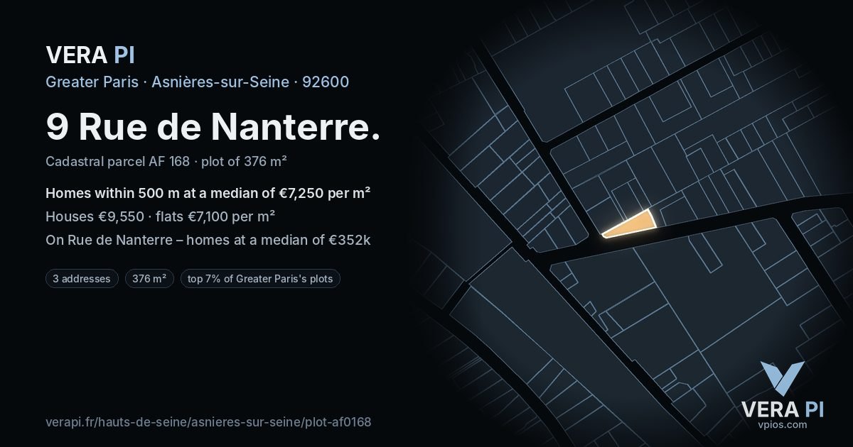 9 Rue de Nanterre, Asnières-sur-Seine at night – the plot lit, the parcels around coloured by the prices near them