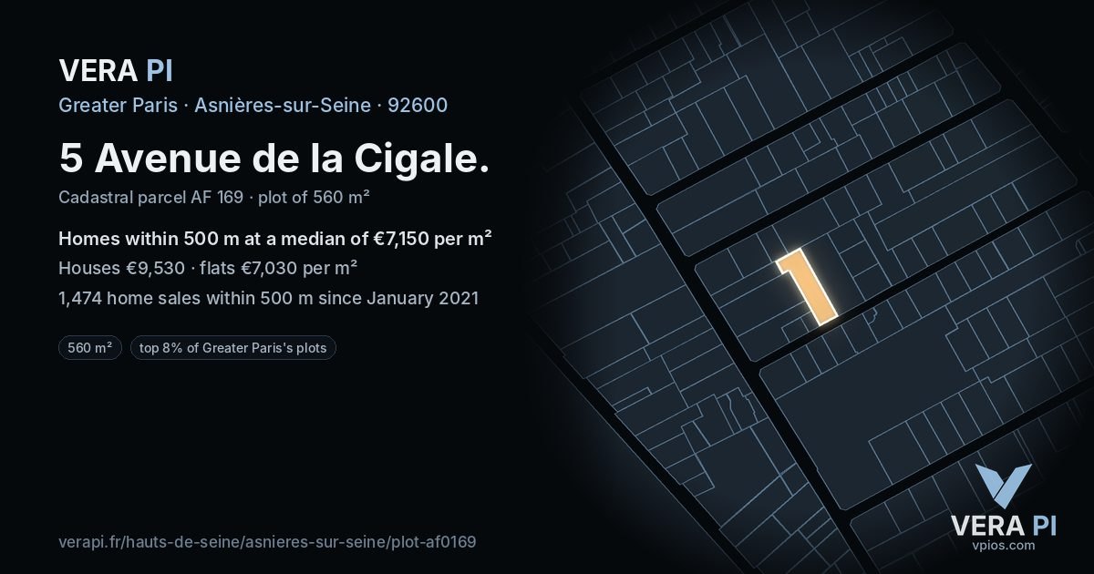 5 Avenue de la Cigale, Asnières-sur-Seine at night – the plot lit, the parcels around coloured by the prices near them