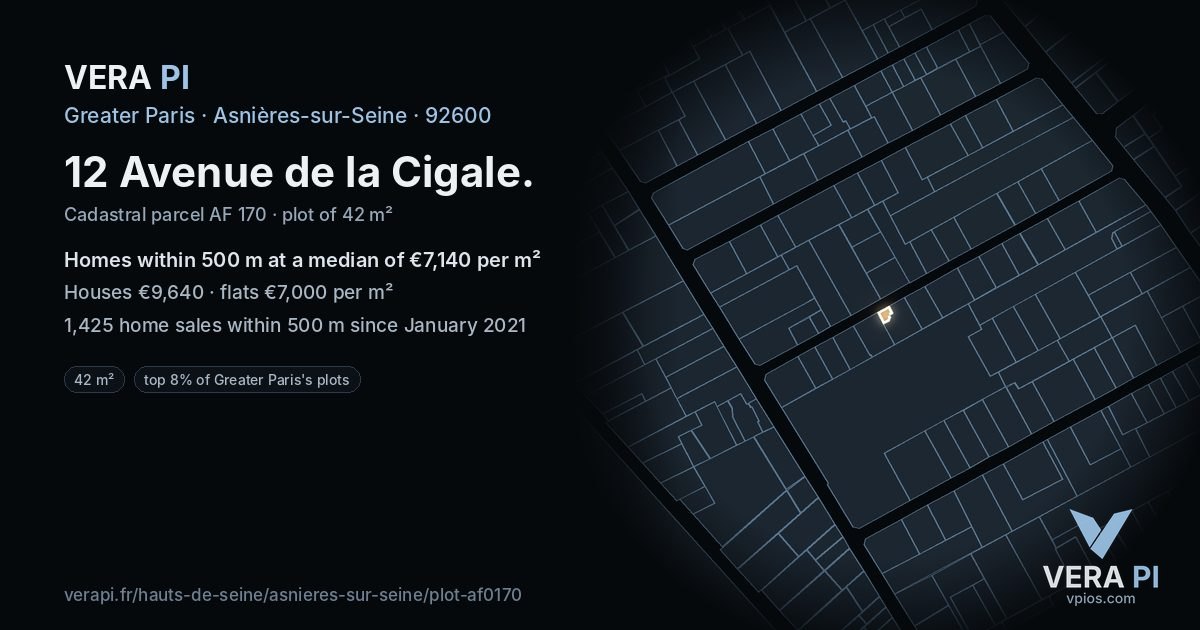 12 Avenue de la Cigale, Asnières-sur-Seine at night – the plot lit, the parcels around coloured by the prices near them